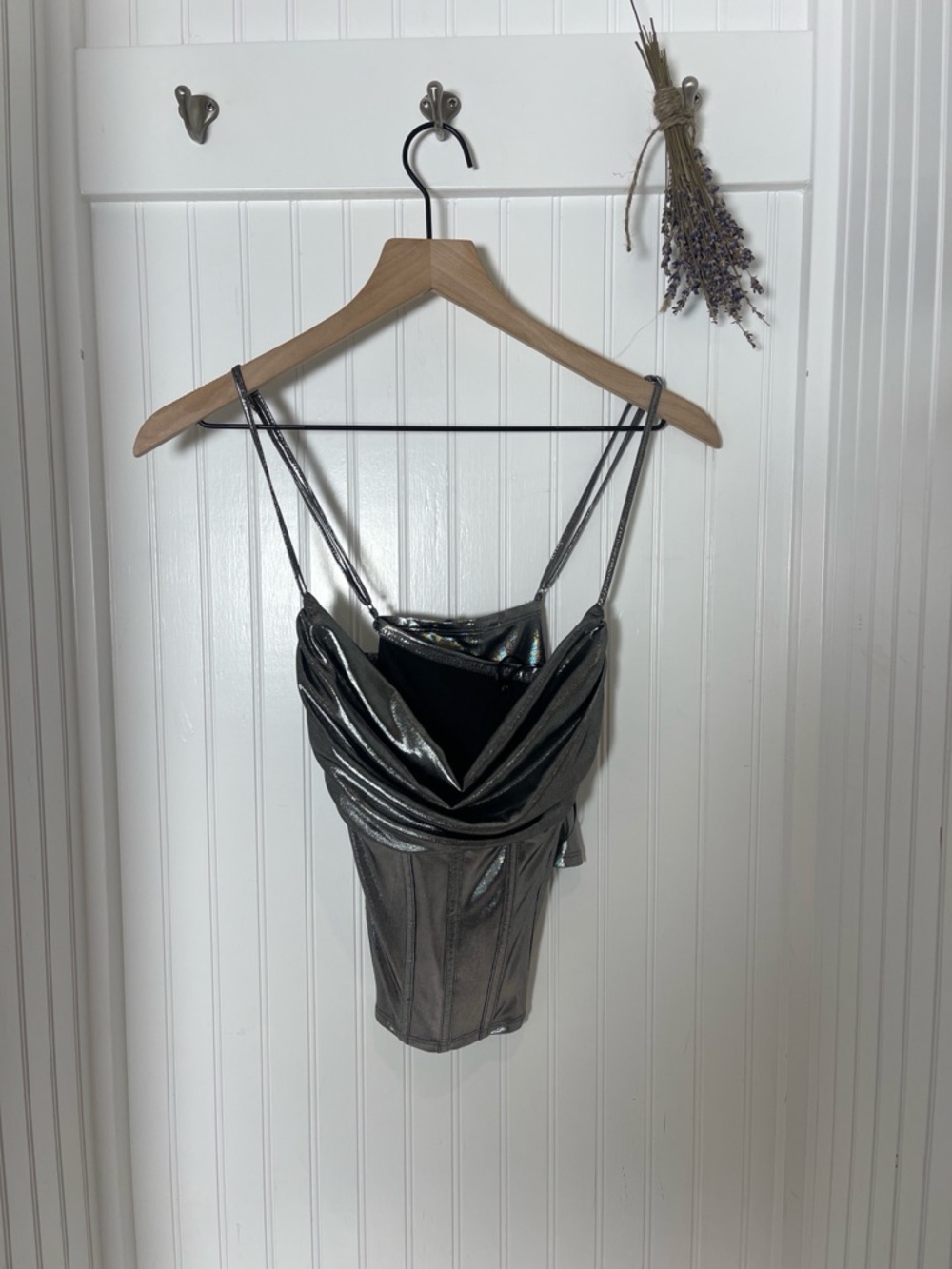 Sincerely Jules Metallic Drape Front Spaghetti Strap Bodysuit - Silver